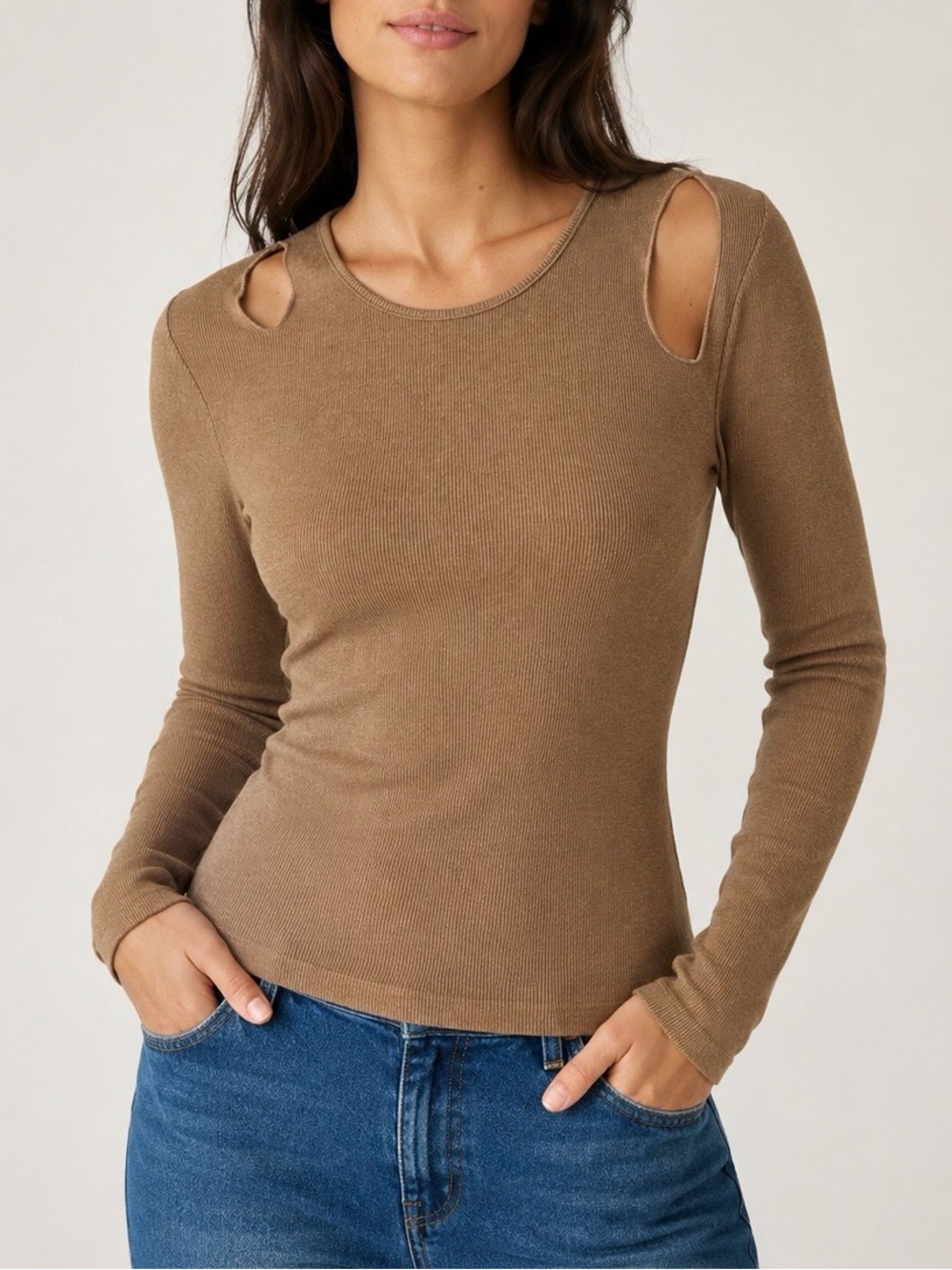 LNA Brown Ribbed Cutout Shoulder Top